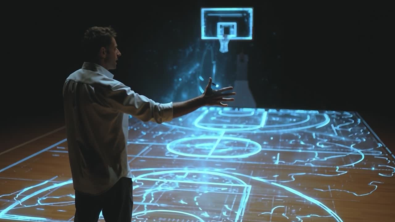 Innovatives Basketballtraining auf einem virtuellen Spielfeld während des Tages.