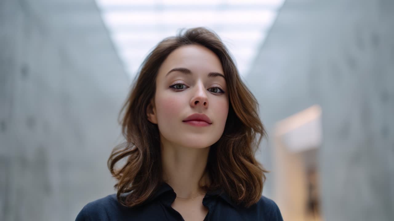 A young woman gazes thoughtfully upwards in a modern, minimalist corridor, reflecting contemplation and elegance amid soft lighting and architectural design