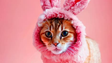 a small orange cat wearing a pink bunny costume