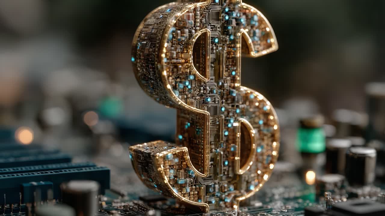 A Glimpse into the Future of Finance: A Digital Circuit Board Shaped Like a Dollar Sign, Merging Technology and Currency in a Unique Display