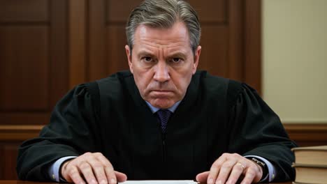 a respected judge deliberates over a serious case, displaying intense focus and authority in a courtroom setting