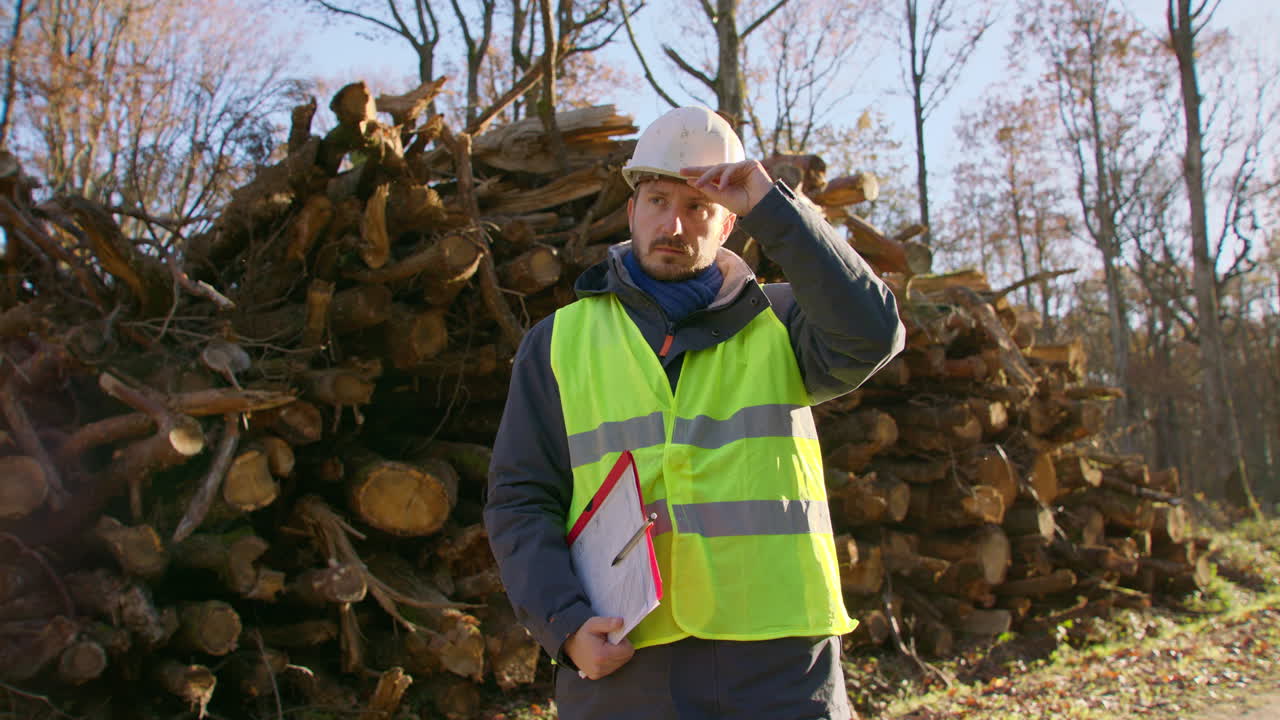 ingeniero masculino de pie frente a una pila de troncos mientras lleva un clipboard, de mano