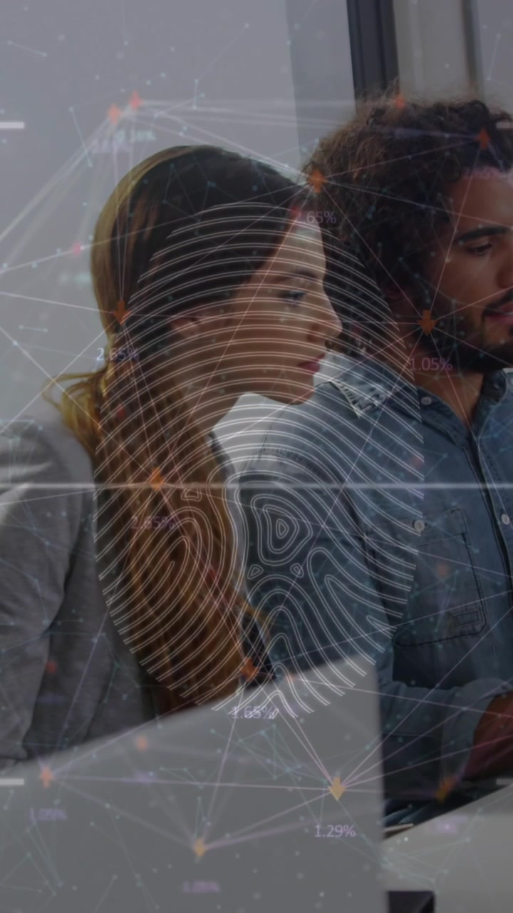 Animation of fingerprint scanner over diverse colleagues using laptop and discussing at office
