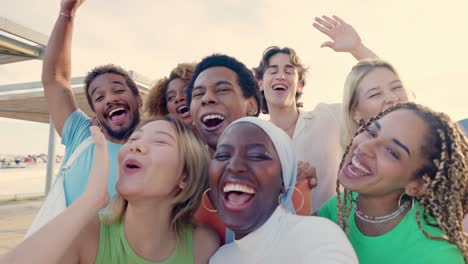 african woman taking selfie with multi-ethnic friends outdoors