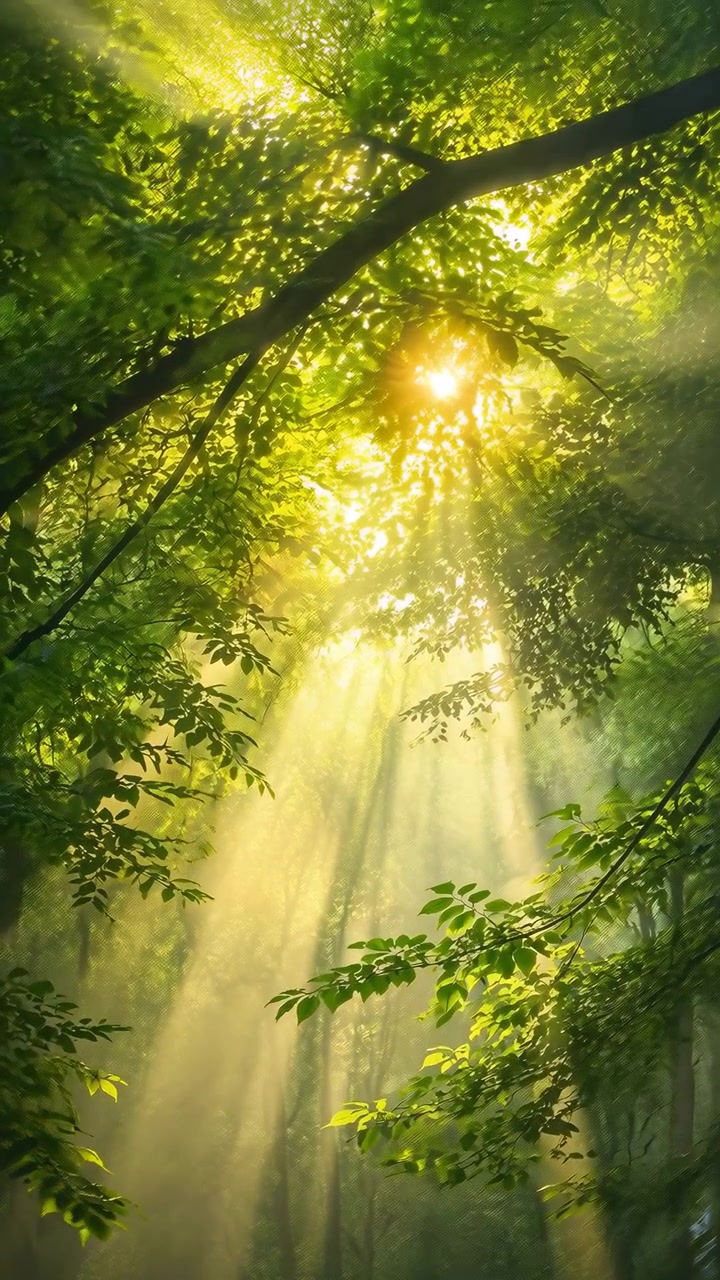 Warm sunbeams filter through layered green leaves and soft forest haze, illuminating vertical tree trunks while dark foreground branches create a natural frame around the glowing scene.