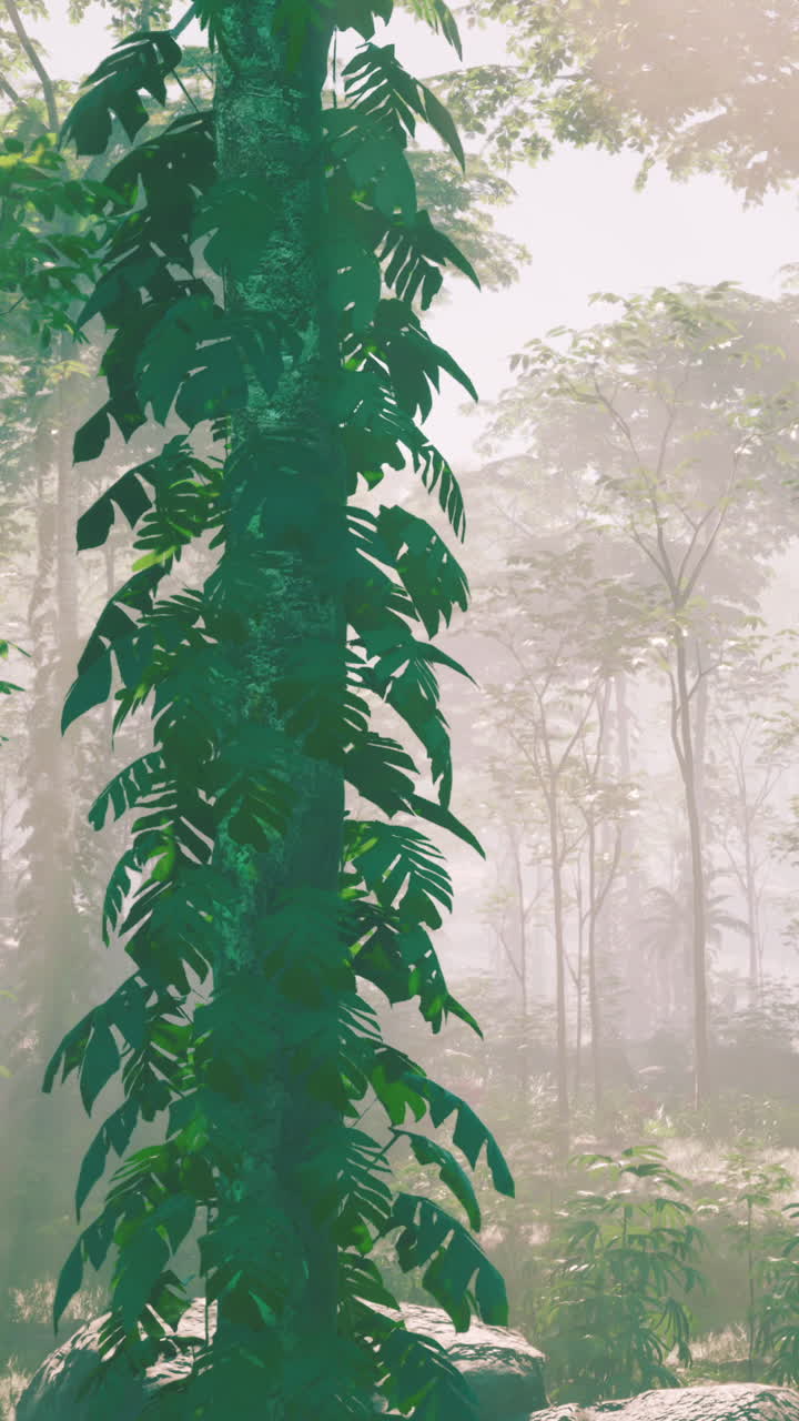 una escena de la selva iluminada por el sol con un tronco de árbol cubierto de vides, con un fondo de niebla y niebla