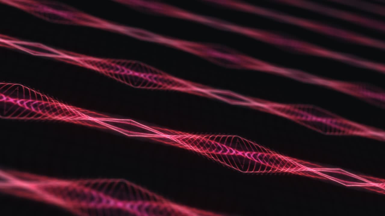 3D Animation movement of glow red wire frame mesh wave pattern movements effect. Seamless looping Neon glowing modern lines background. LED Sci-Fi wall. 4K futuristic title intro, cyber vj loop.