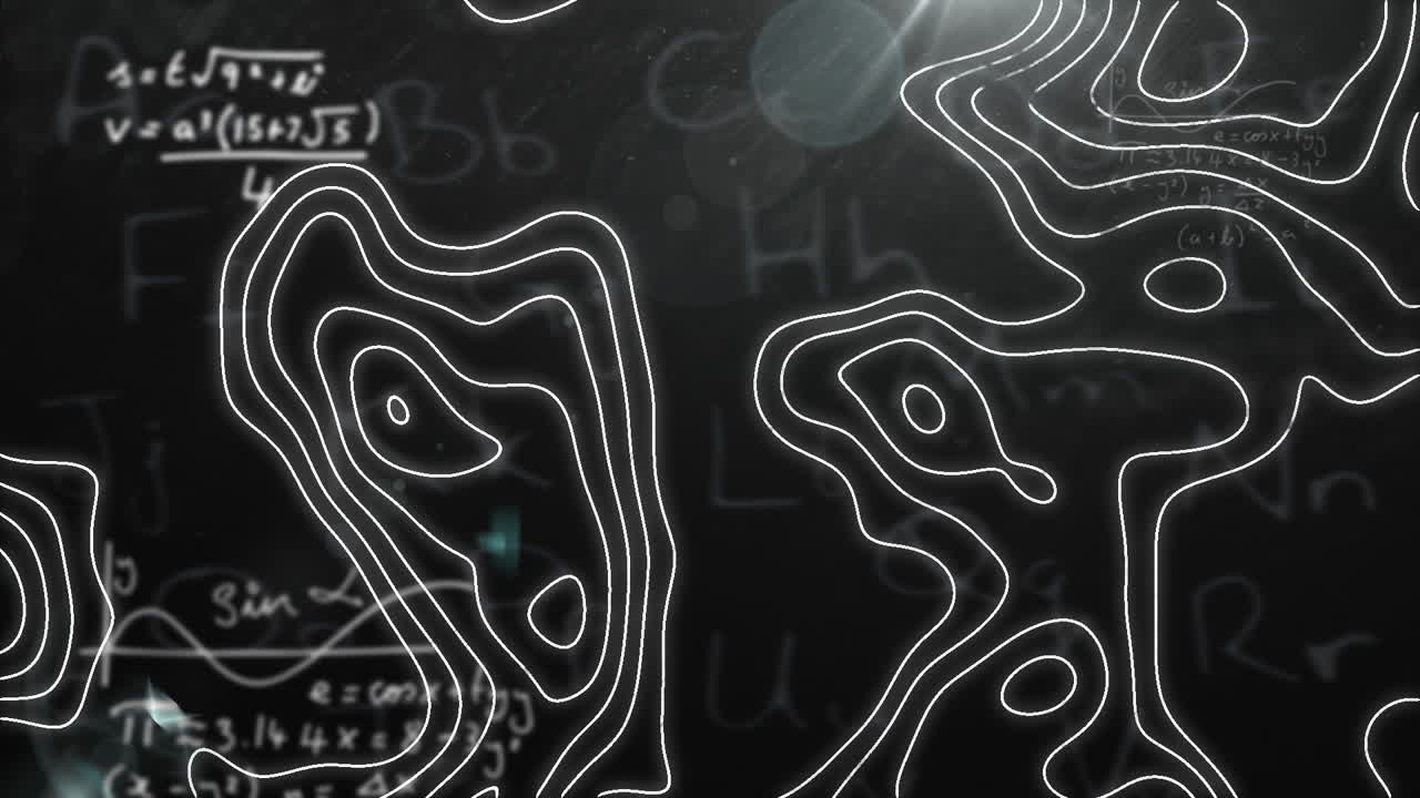 검은색 배경의 글자 위에 수학적 방정식과  선의 애니메이션