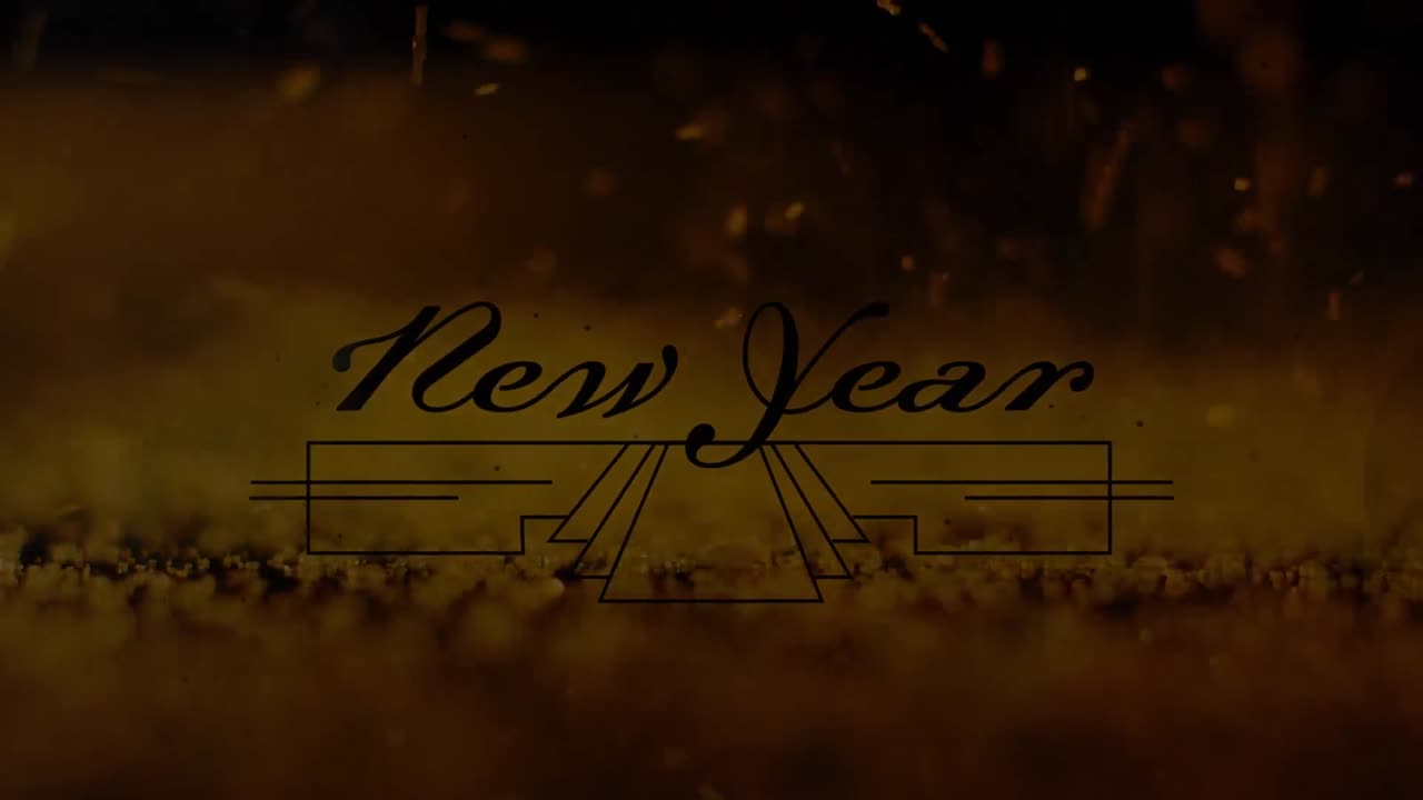 Animazione di auguri di buon anno su decorazioni e oro che cade sullo sfondo
