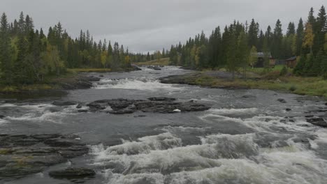 Drone-aerial-footage-of-a-mountain-stream-in-Sweden-during-fall