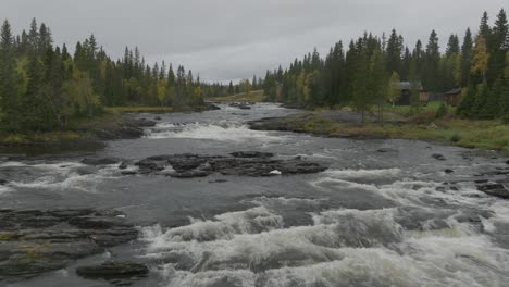 drone aerial footage of a mountain stream in sweden during fall