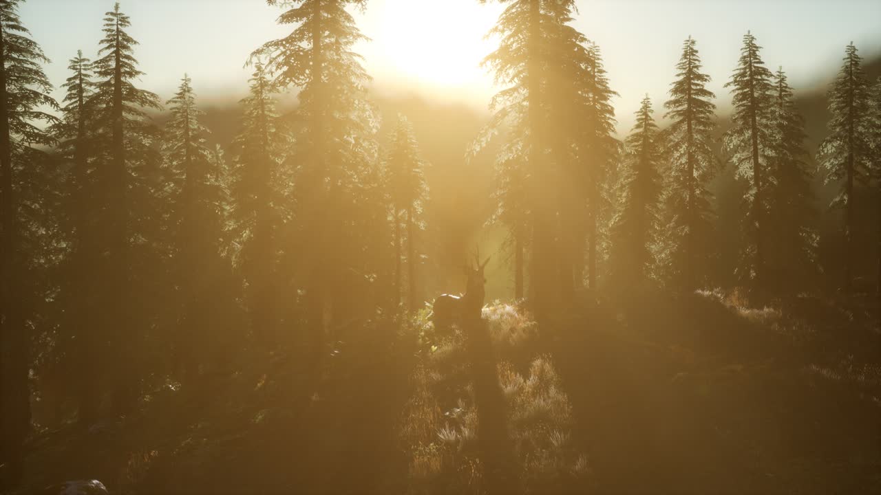 macho de ciervo en el bosque al atardecer