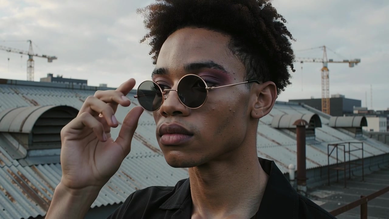 Tilting head back, man posing on corrugated roof in dark shirt, lowering gold-shades to reveal eyes