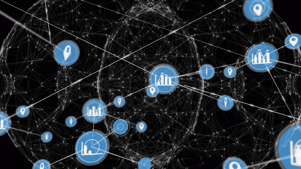 Animation of network of connections with icons over black background