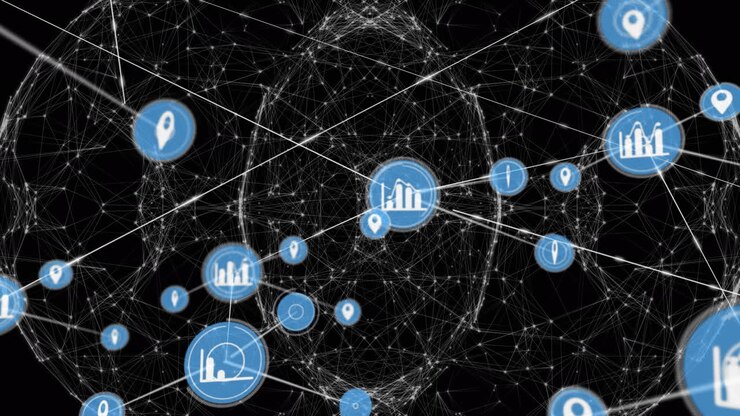 Animation of network of connections with icons over black background