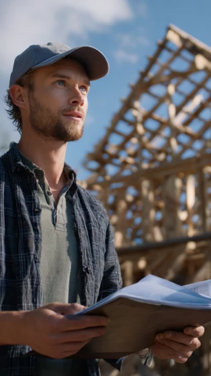 Focused Builder Reviewing Blueprints with Future Construction in Background, Capturing Determination and Craftsmanship in the Construction Process