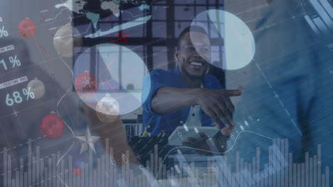 animation of statistics and data processing over diverse business people shaking hands