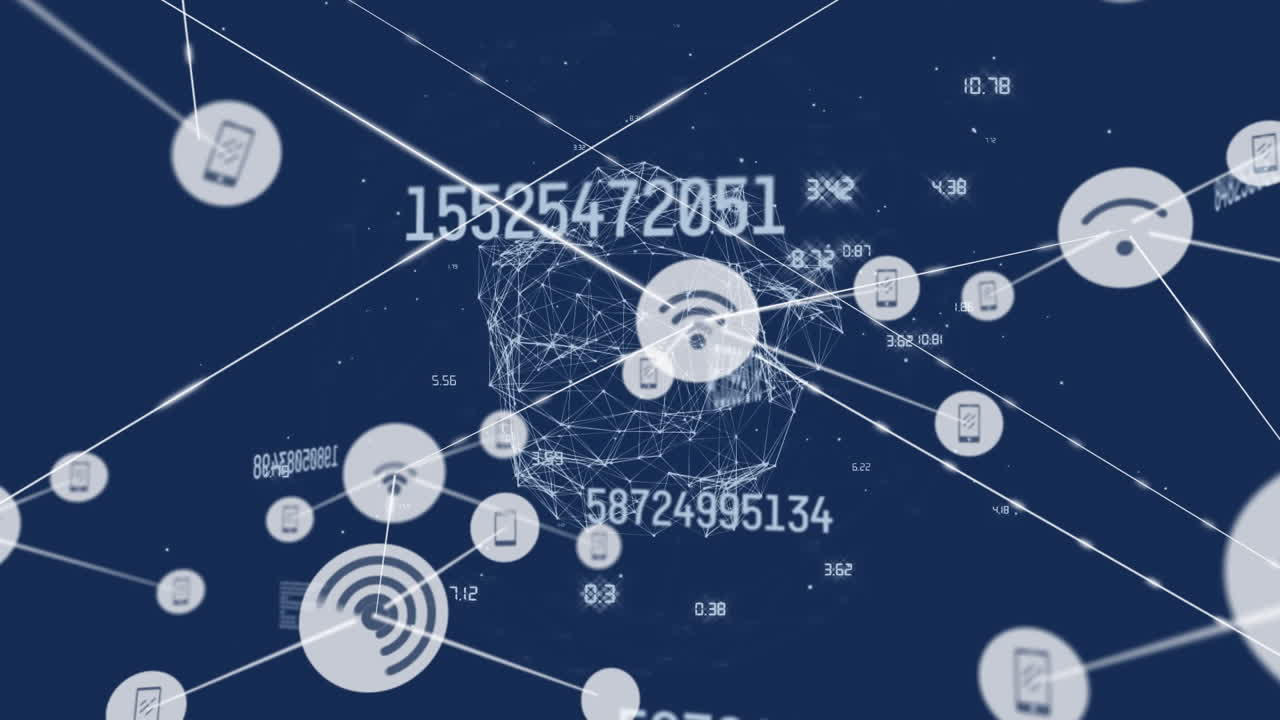 Animation of network of connections with digital icons and globe with numbers changing