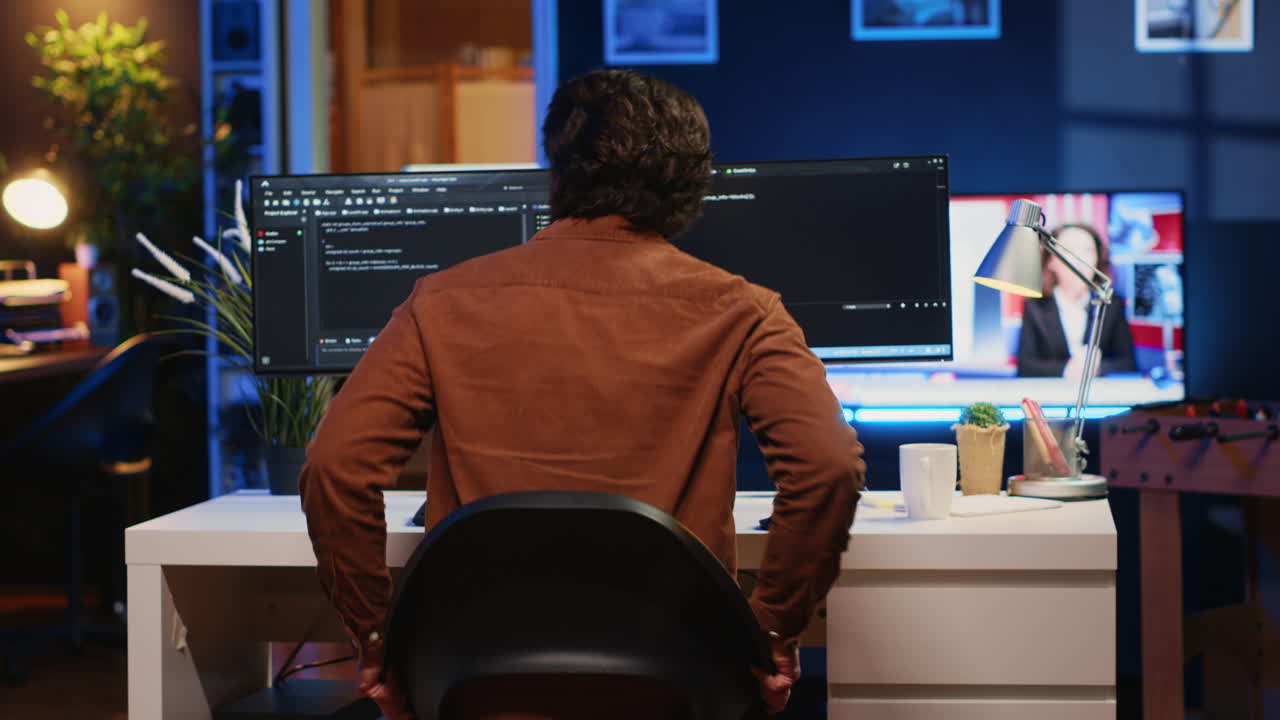 Engineer arrives in home office with coffee mug in hand, ready to start coding