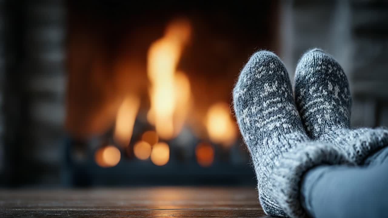 Cozy Moments: Enjoying Warmth by the Fireplace with Comfy Knit Socks as the Flames Dance Comfortingly in the Background, Creating a Relaxing Atmosphere