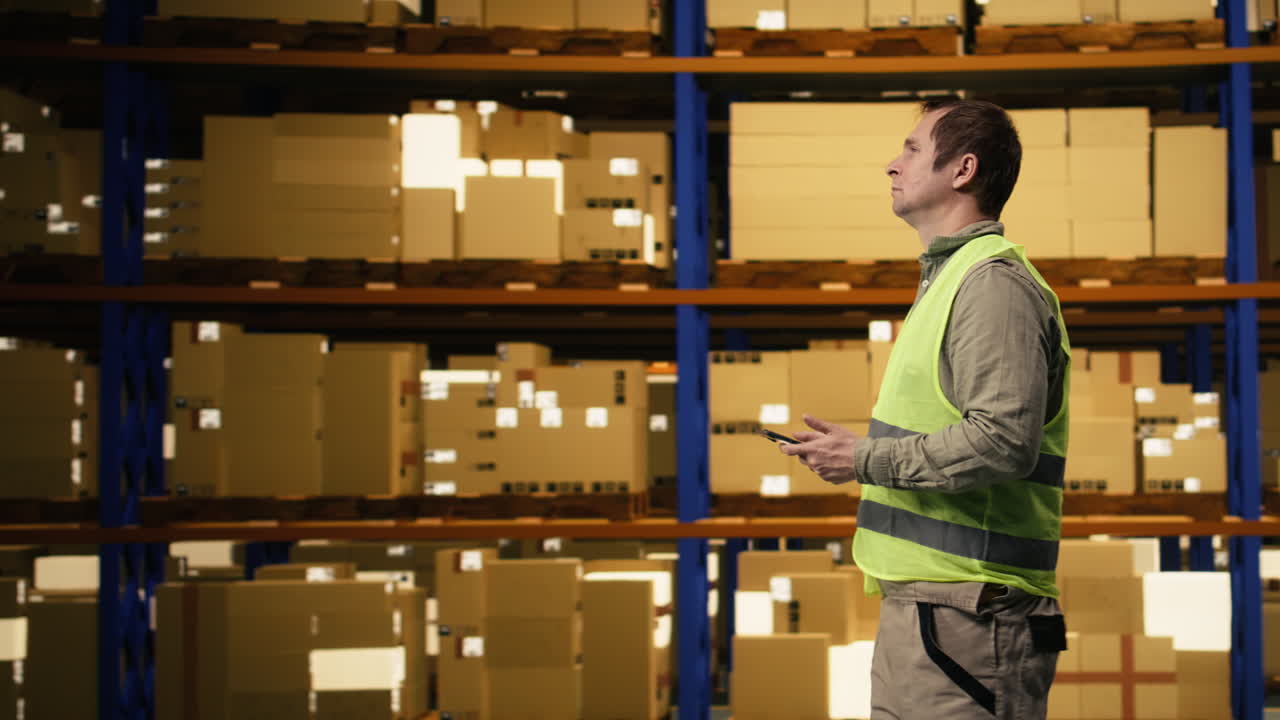 Miembro del personal profesional revisando datos de inventario en un centro de distribución.