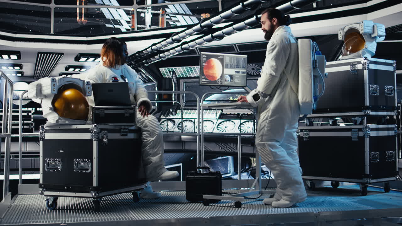 Astronauts flying in starship exploring Mars, seeking extraterrestrial life