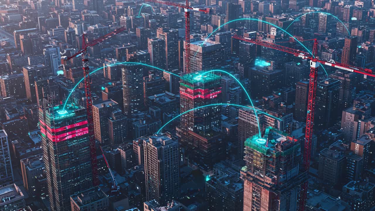 High-Tech Urban Development: Advanced Construction Techniques and Connectivity in a Modern Cityscape with Tower Cranes and Digital Infrastructure