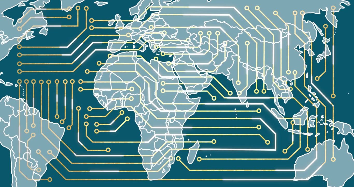 Animation of integrated circuit over world map on green background