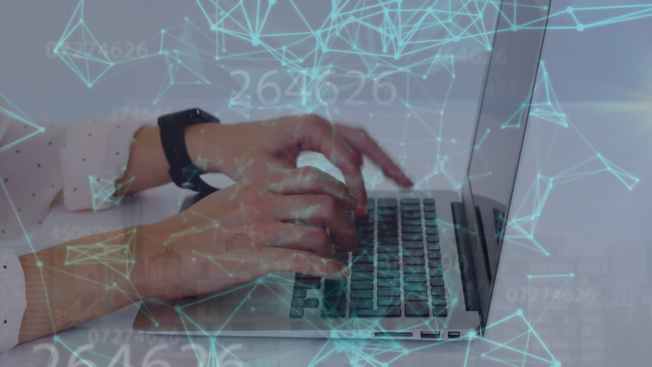 Animation of plexus networks and multiple changing numbers over mid section of woman using laptop