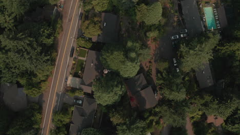 top down aerial shot over wealthy green neighbourhood in forest park portland oregon