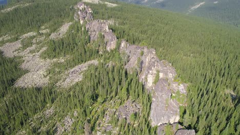 aerial view of a mountain range with tall rock formations and a green forest