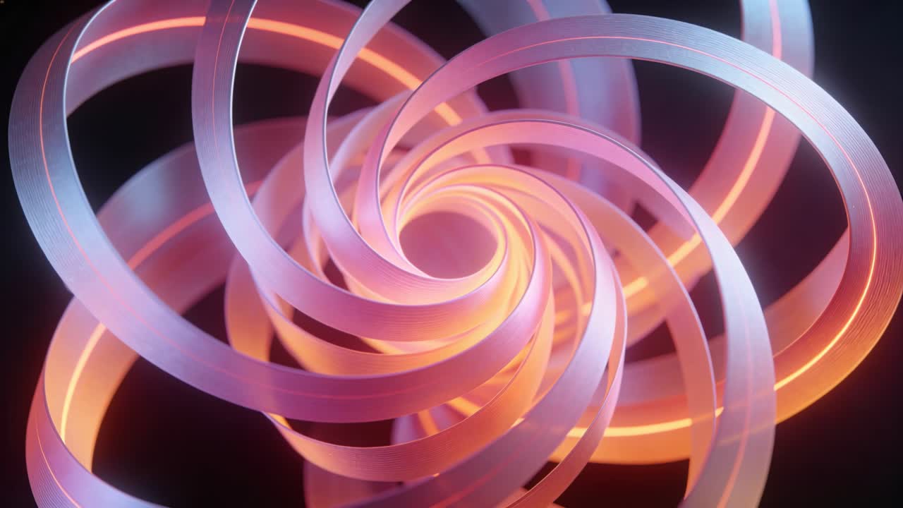 Nastro a spirale che ruota nel vuoto nero, con un nucleo auto-pulsante che rivela strisce arancioni-rosa, per il design.
