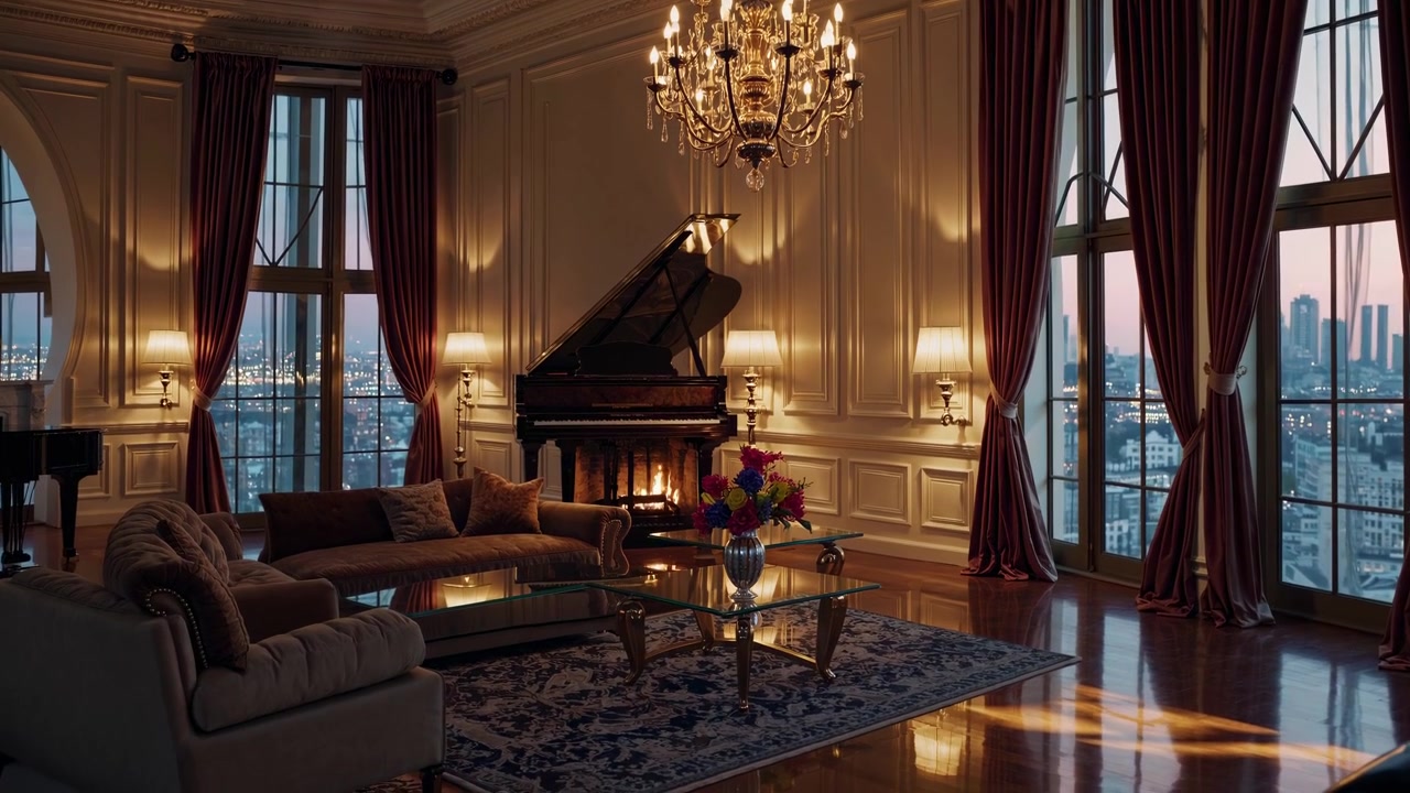 Sala de Estar Luxuosa com Piano de Cauda e Vista para a Cidade ao Pôr do Sol
