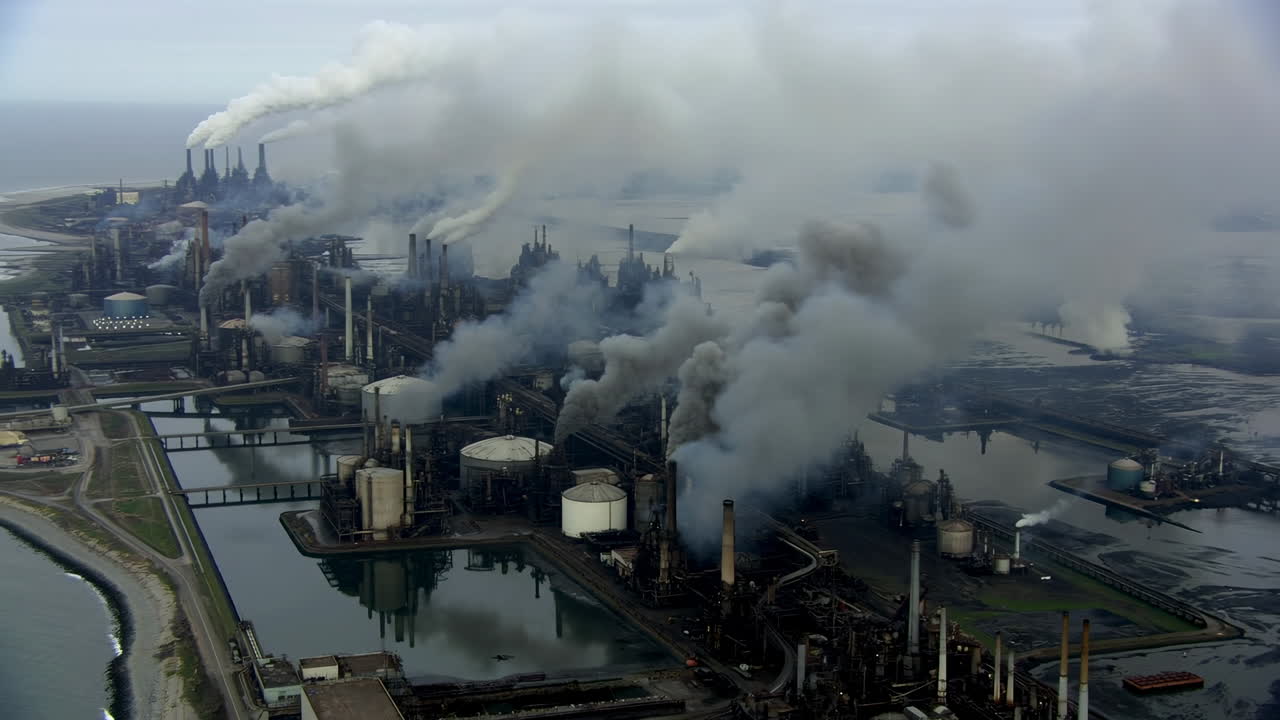 Aerial Industrial Plant Emitting Heavy Smoke, Coastal Refinery Under Overcast Sky With Dense Plumes Rising