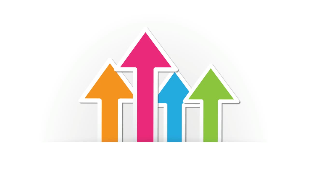 위를 가리키는 네 개의 화살표가 종이 위에 나와서 위로 이동합니다. 긍정적 인 금융 및 성장 개념, 애니메이션 일러스트레이션.