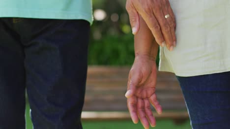 Video-of-midsection-of-biracial-senior-couple-holding-hands-in-garden