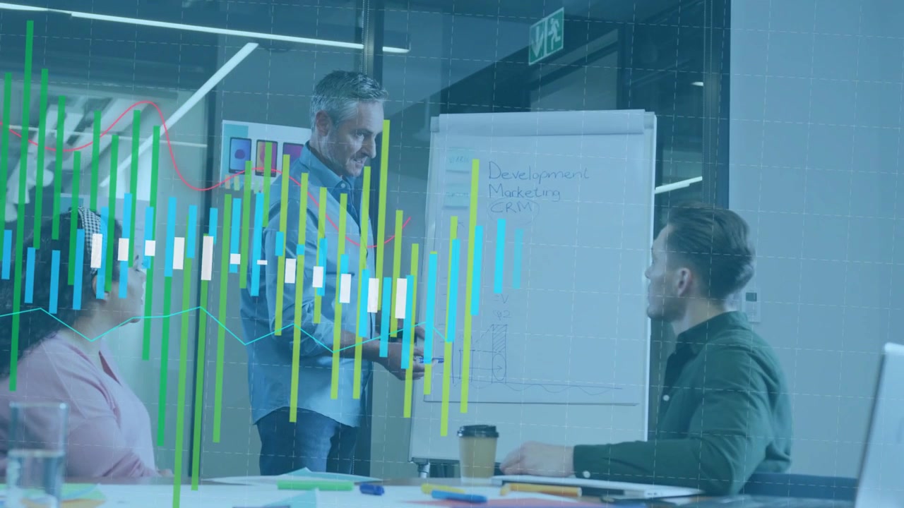 Presenter starting business meeting writing flipchart, clarifying diagram while overlay bars rising