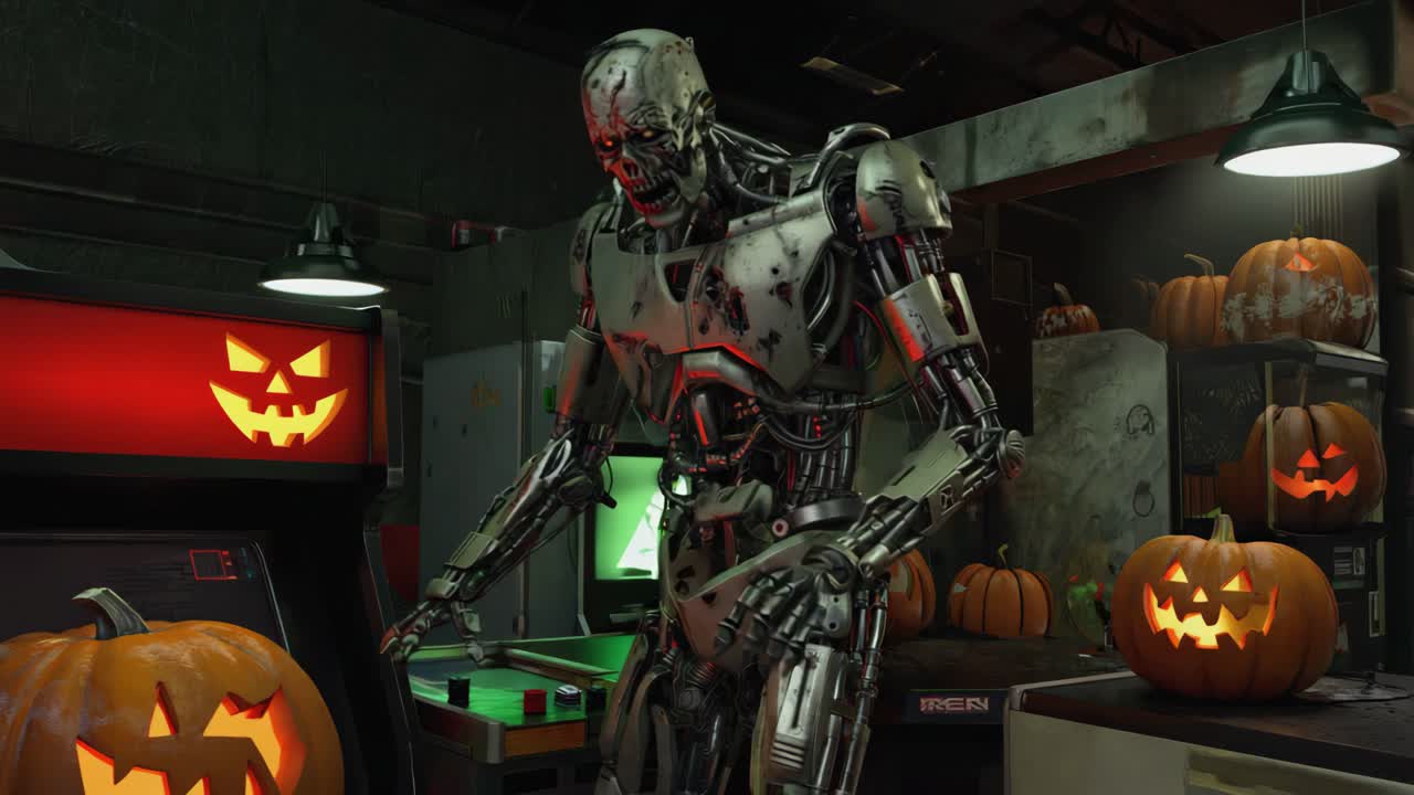 Zombie Cyborg with Halloween Pumpkins and Arcade Machine