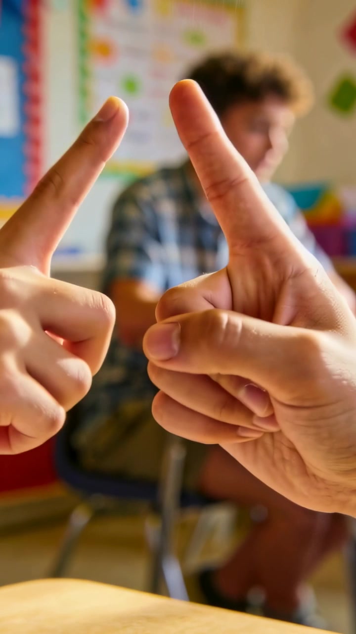 Video verticale: Mani di compagni di classe che si allungano formando giocosamente la punta di un triangolo in classe, con camicia a quadri.