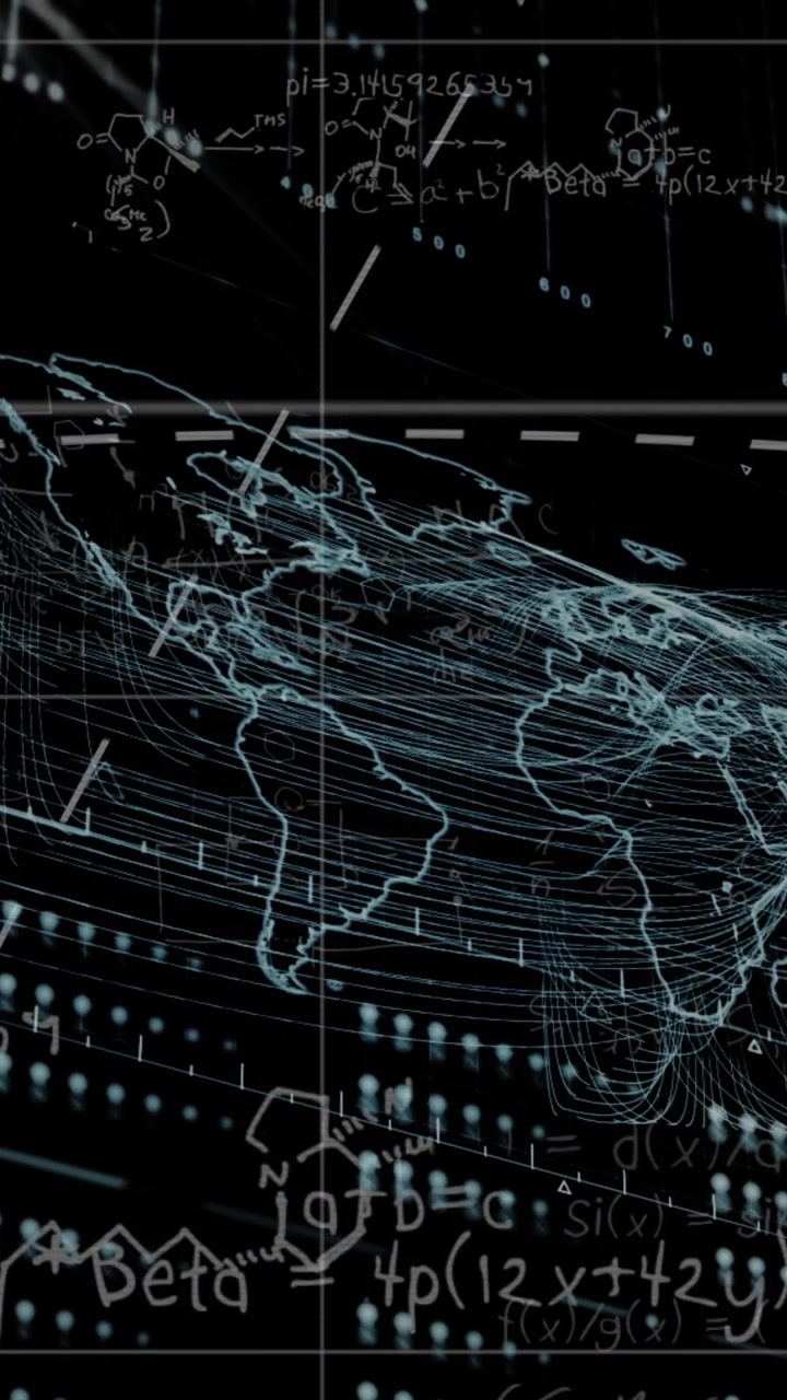 Animation of mathematical equations over world map and data processing on black background