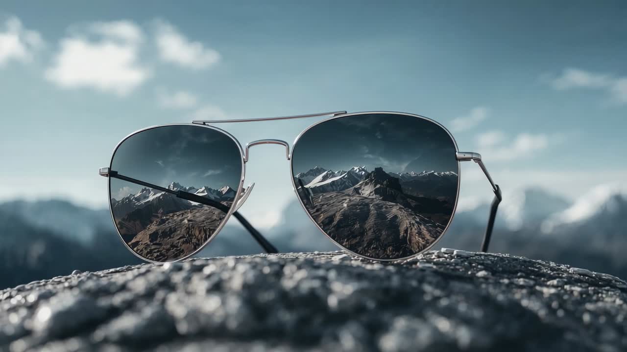 Opening close-up revealing aviator sunglasses resting on rough rock, reflecting mountain view