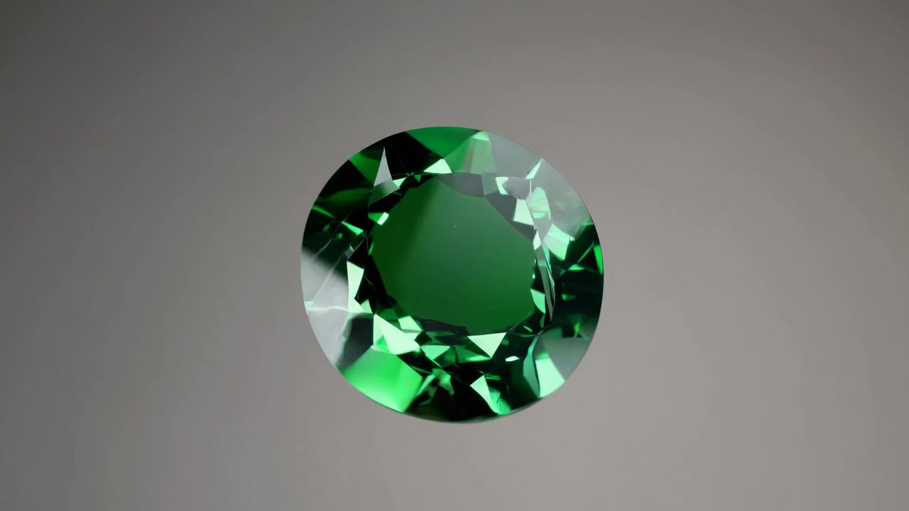 Gemma di smeraldo ovale scintillante che ruota lentamente su sfondo grigio