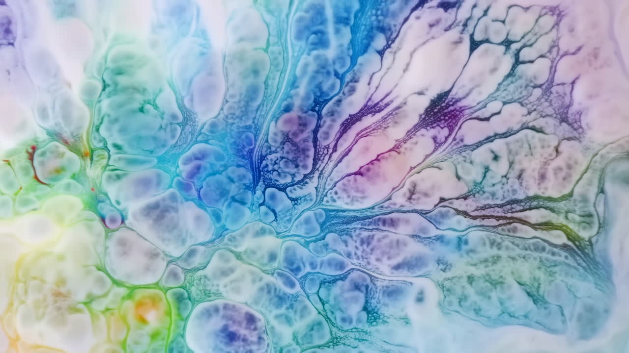 Flusso vibrante e fluido di acquerello su tela, blu pastello, viola e verdi formano delicate strutture cellulari.