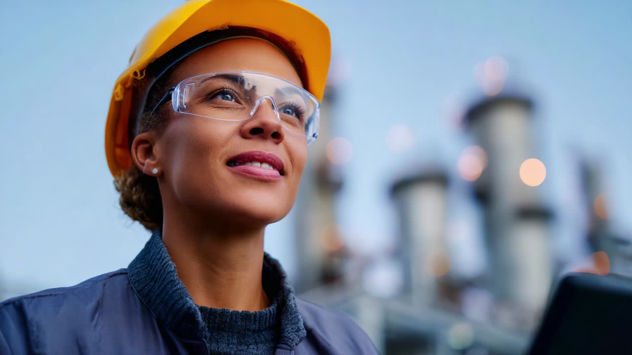 A confident woman wearing safety gear and goggles stands proudly in an industrial setting, showcasing her determination and professionalism as she oversees the operations of a power plant or factory