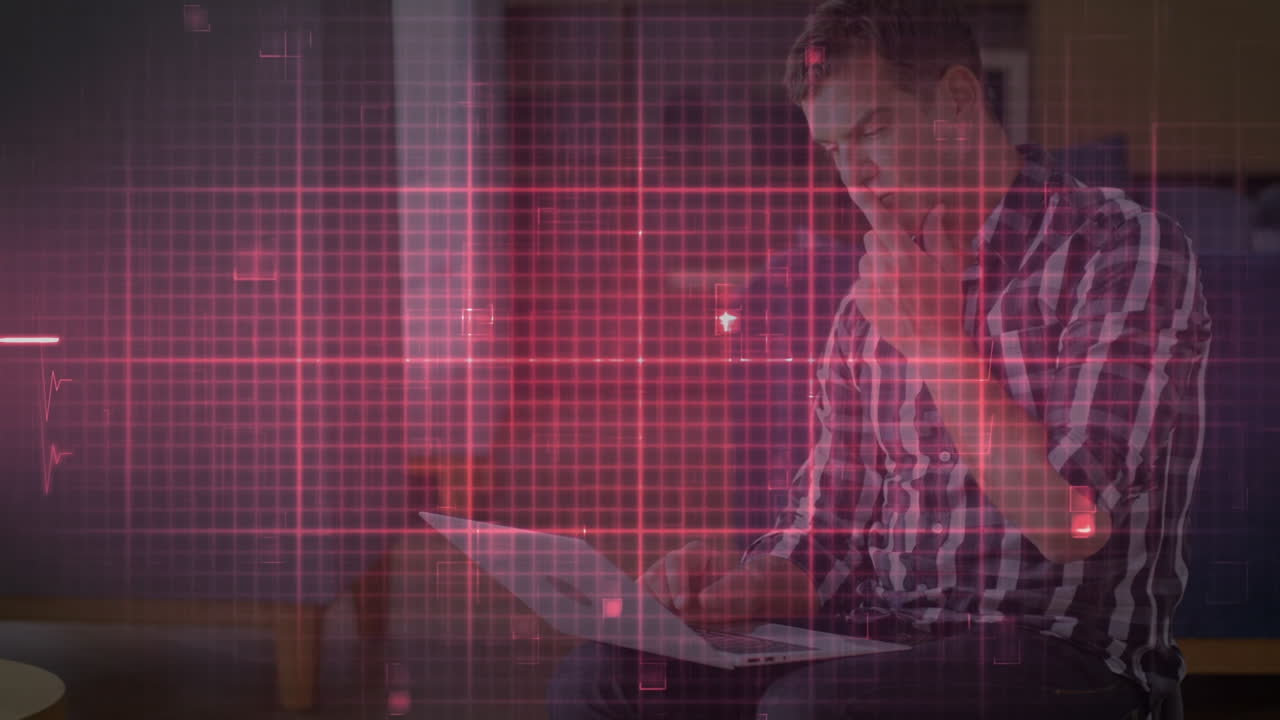 Animation of lifeline over men using laptop