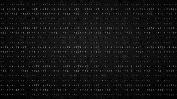 Scrolling binary code digital wallpaper, rows of white 0 and 1 characters over a dark background for technical designs, loopable animation