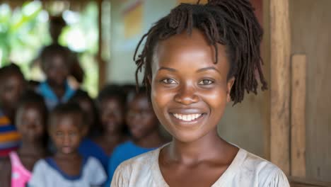 professional black female teacher with dreadlocks standing confidently in classroom, students studying in background, embodying supportive learning atmosphere and educational passion