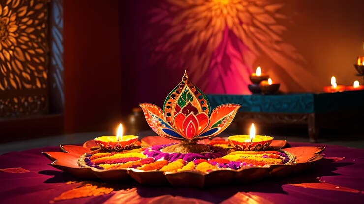Celebrazione del Diwali con decorazioni floreali e Diyas