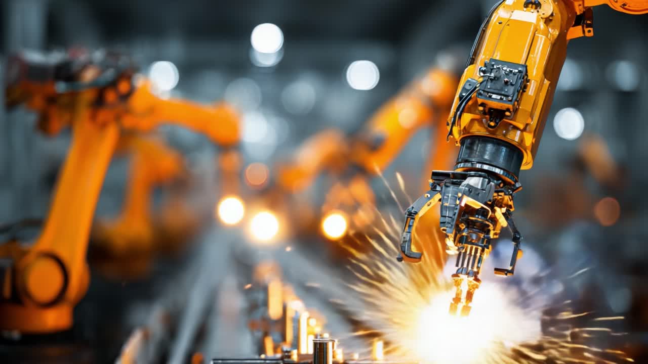 A Dynamic Manufacturing Scene Featuring Advanced Robotic Arms Performing Precision Tasks in a High-Tech Industrial Environment