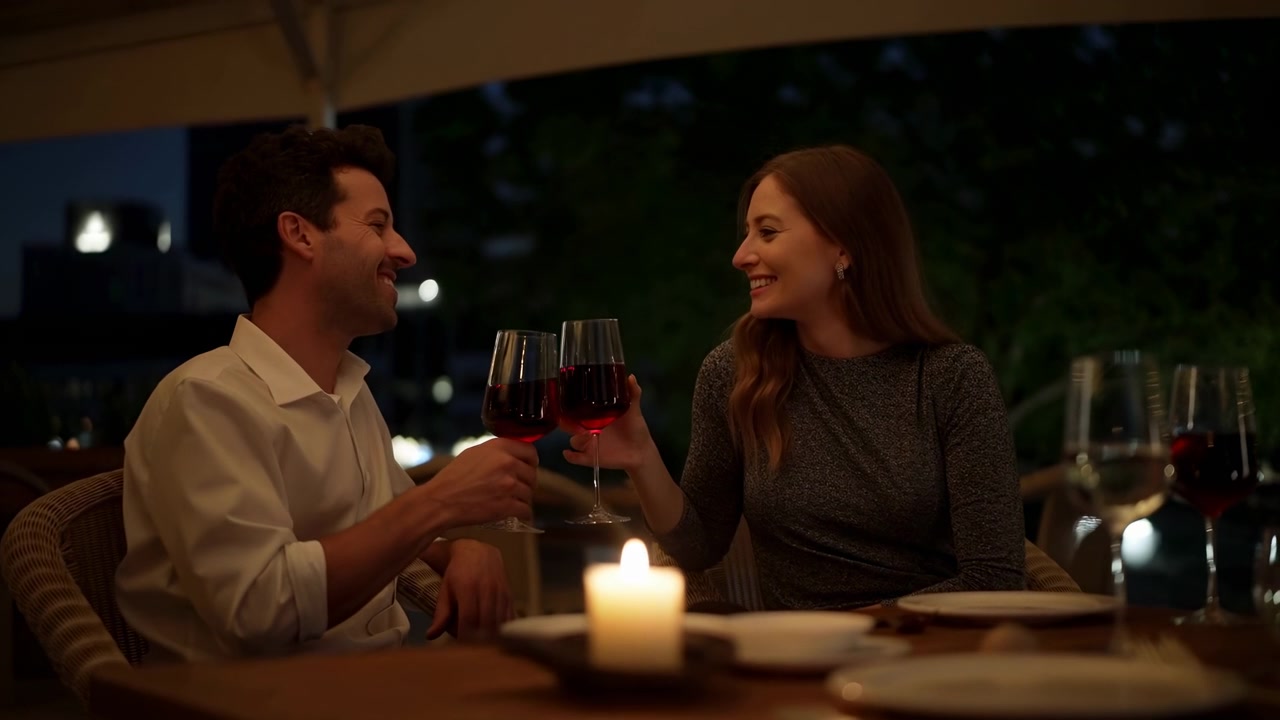Un uomo e una donna sono seduti uno di fronte all'altra a un tavolino all'aperto di sera, sorridendo e alzando i calici di vino rosso per un caldo brindisi a lume di candela. Sedie in vimini